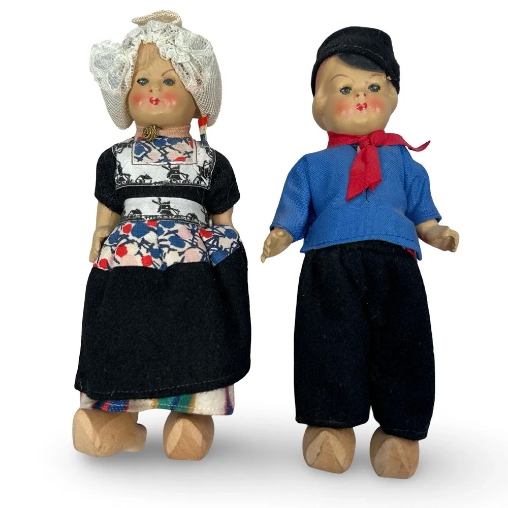 Vintage Dutch Souvenir Dolls Pair Traditional Folk Costume Wooden Clogs 7.5